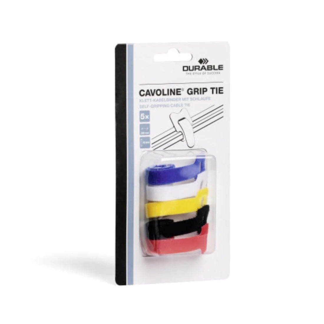 Durable CAVOLINE Hook & Loop Cable Ties, 10 x 200 mm, 5/pack, Assorted Colors